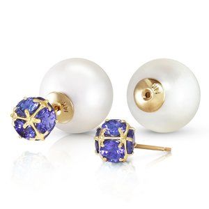 14K GOLD TRIBAL DOUBLE SHELL PEARLS AND TANZANITES STUD EARRINGS (Yellow Gold)